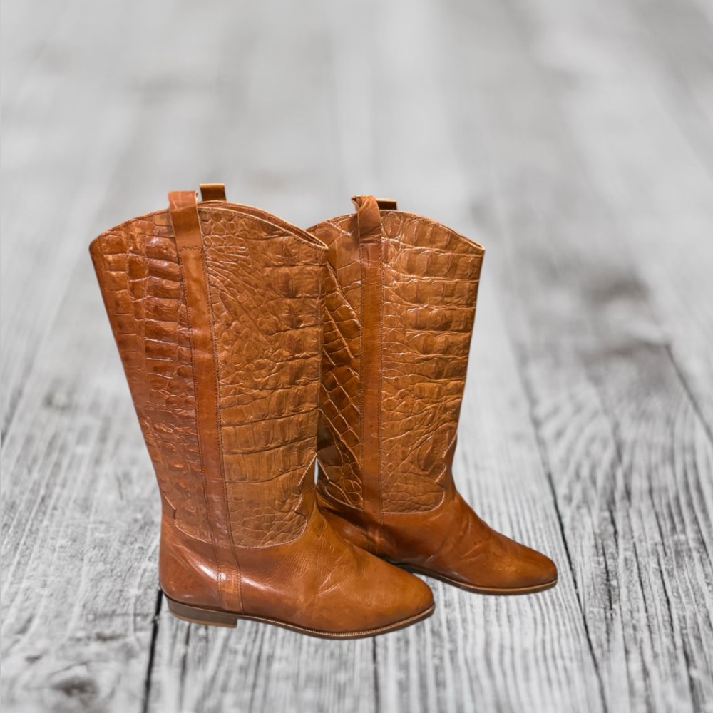 Joan & David Brown Leather Croc Embossed Western Boots Size 5‎